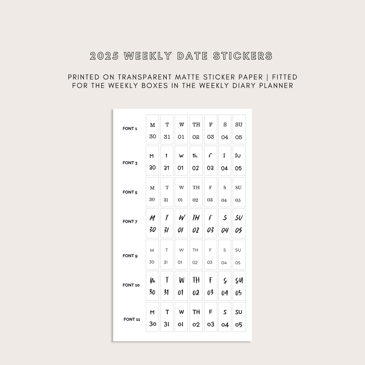 2025 Vertical Weekly Date Stickers (7 Font Choices Available!)