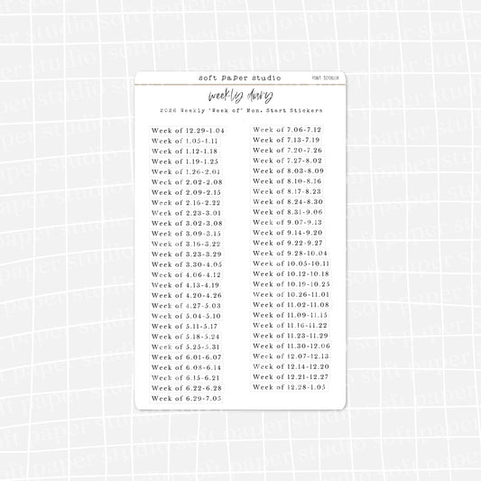 The Weekly Diary: 2026 Weekly "Week Of" Stickers - Sun or Mon start (4 Font Choices Available!)
