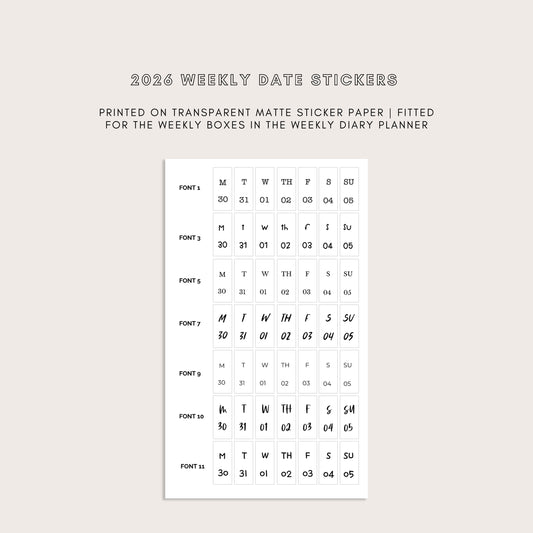 2026 Vertical Weekly Date Stickers (7 Font Choices Available!)