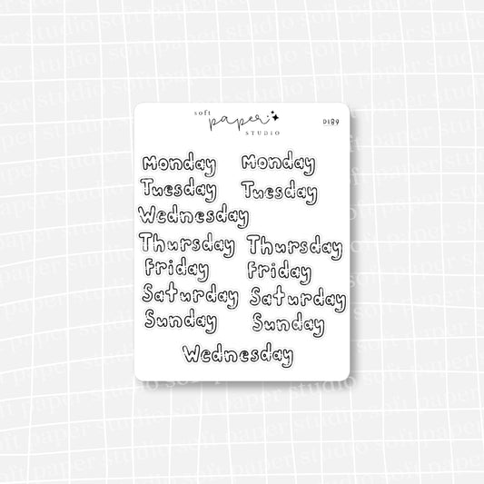 Days of Week Handwritten Bujo Block Bubble Letters Stickers