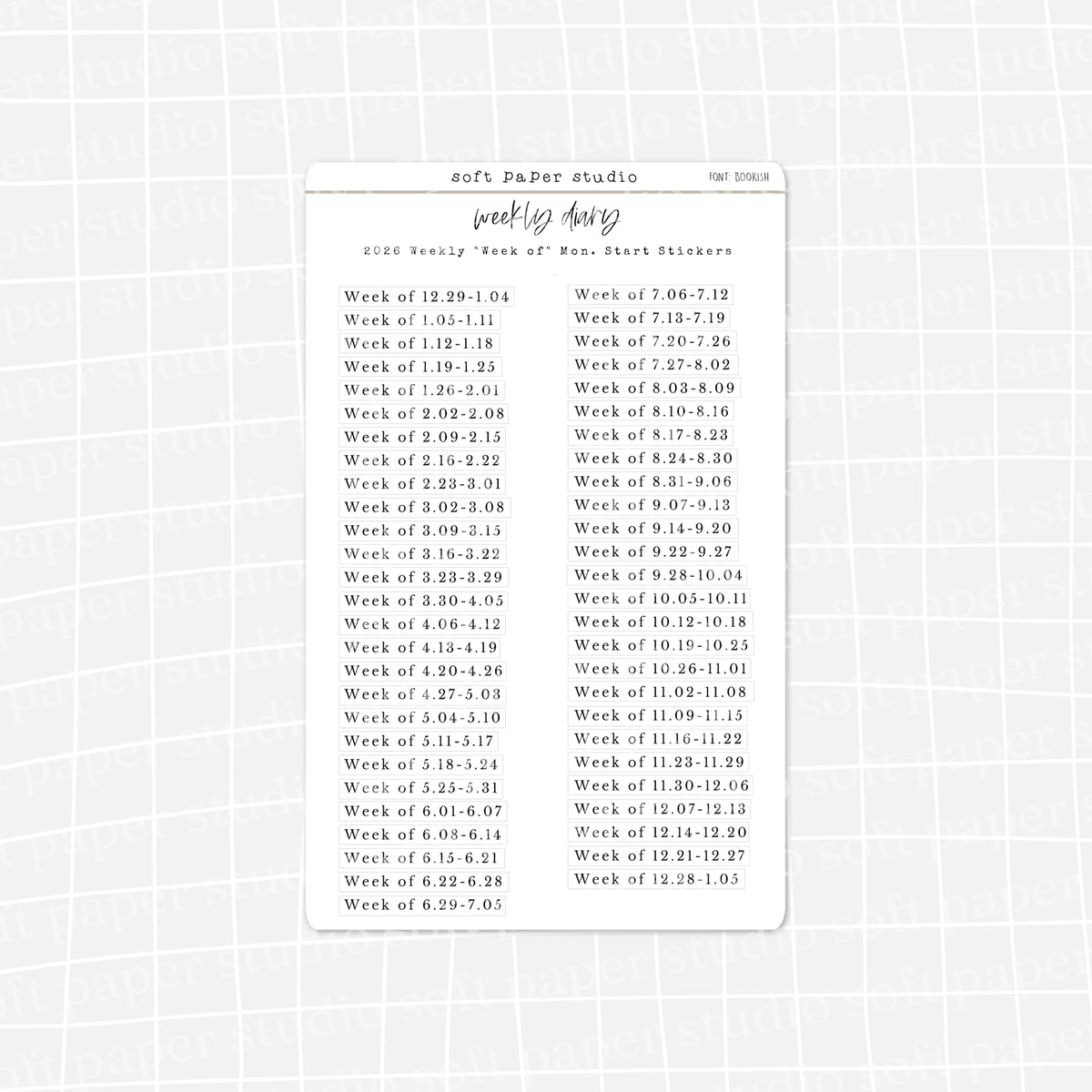 The Weekly Diary: 2026 Weekly "Week Of" Stickers - Sun or Mon start (4 Font Choices Available!)